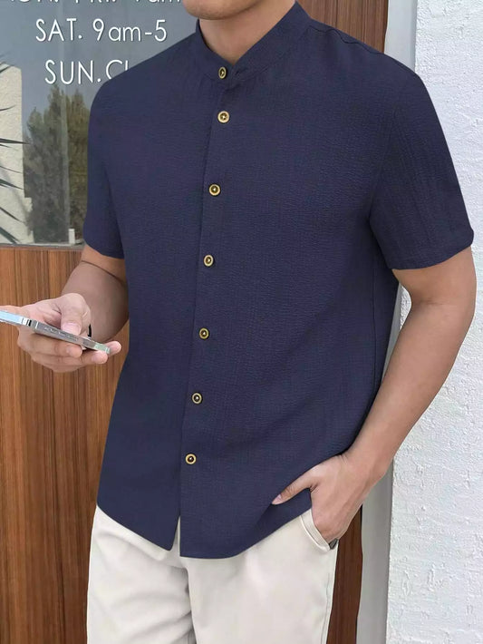 Navy Blue Popcorn Plain Shirt Cotton Material for Men's Available