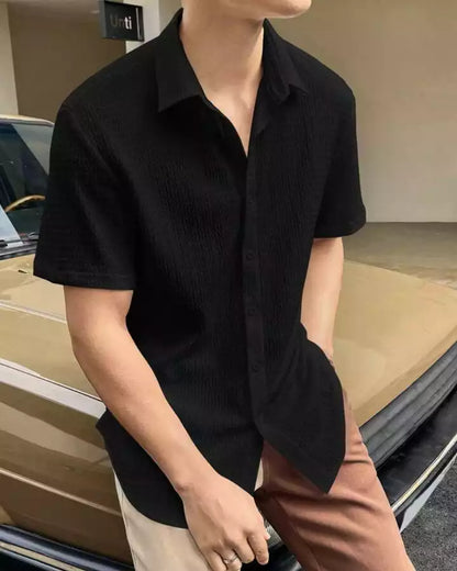 Plain Pattern Black Color Men's Simple  Cotton Casual Shirt Half Sleeve available