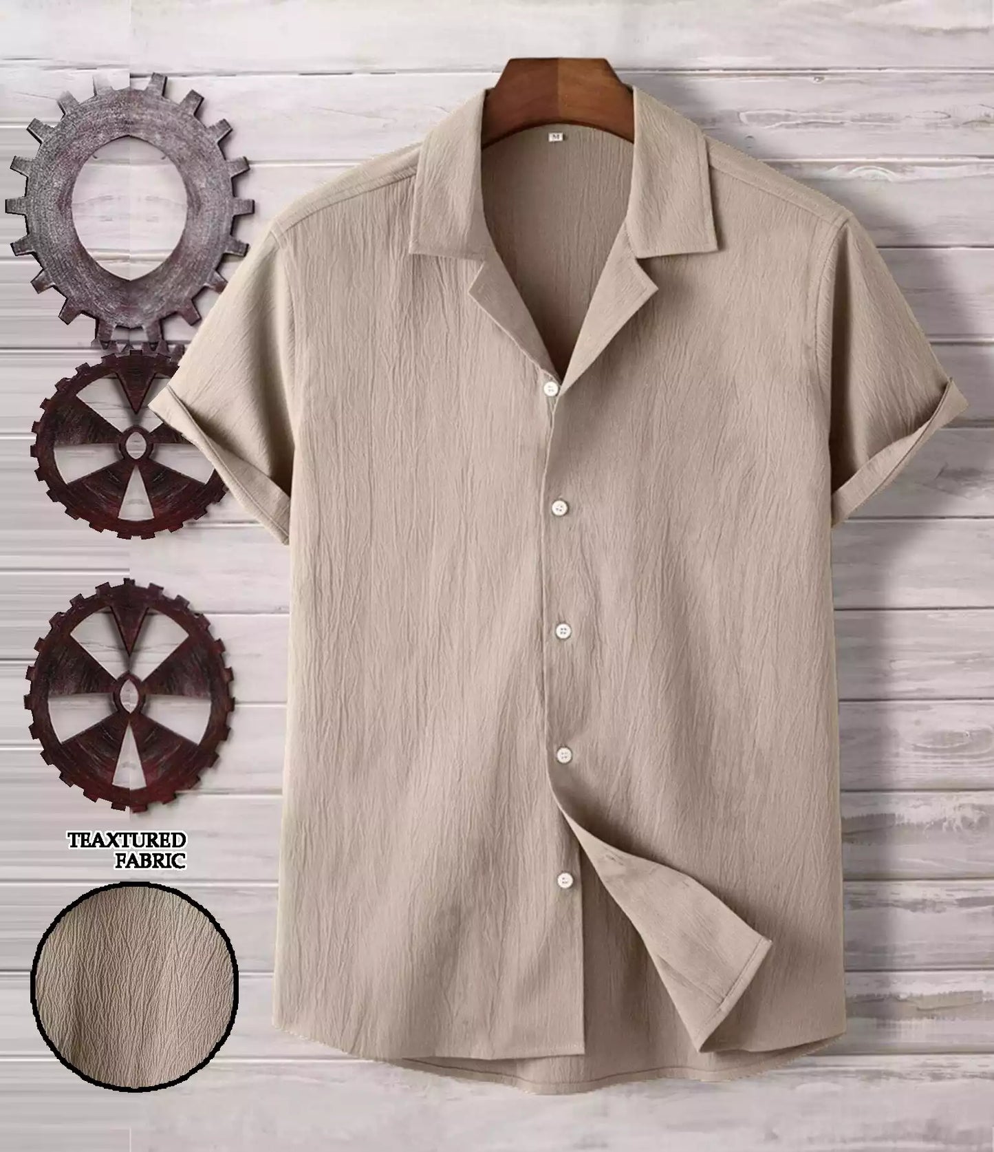 Plain Pattern Cream Color Men's Simple  Cotton Casual Shirt Half Sleeve available