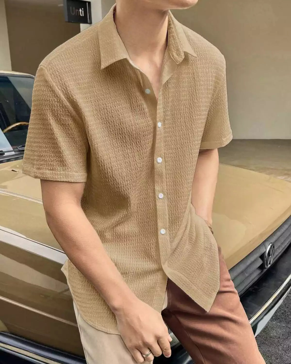 Plain Pattern Cream Color Men's Simple  Cotton Casual Shirt Half Sleeve available