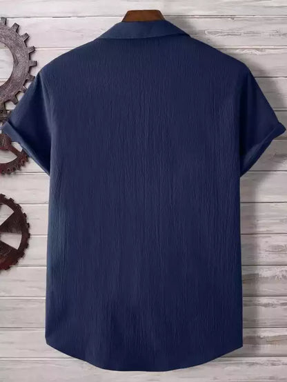 Plain Pattern Dark Blue Color Men's Simple  Cotton Casual Shirt Half Sleeve available
