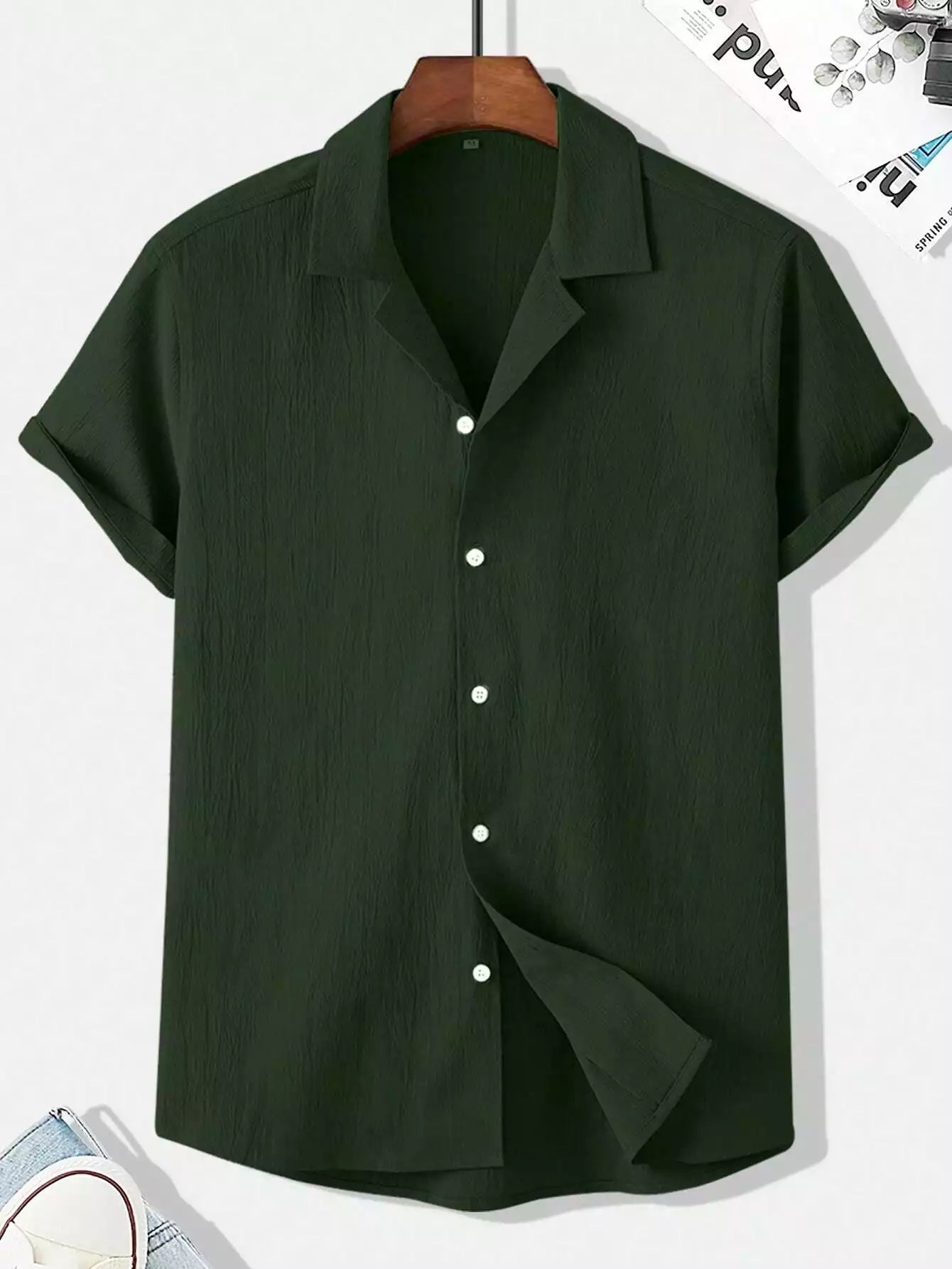 Plain Pattern Dark Green Color Men's Simple  Cotton Casual Shirt Half Sleeve available