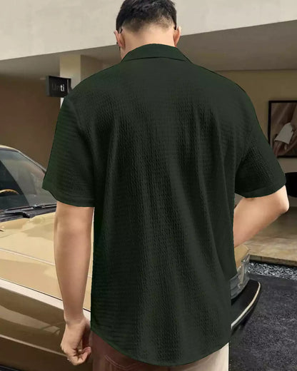 Plain Pattern Dark Green Color Men's Simple  Cotton Casual Shirt Half Sleeve available