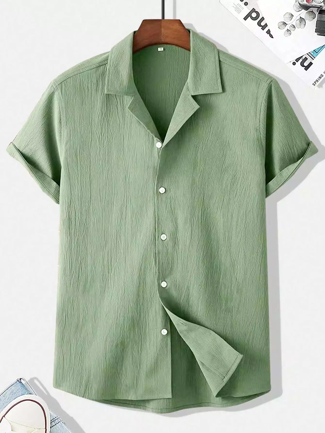 Plain Pattern Light Green Color Men's Simple  Cotton Casual Shirt Half Sleeve available