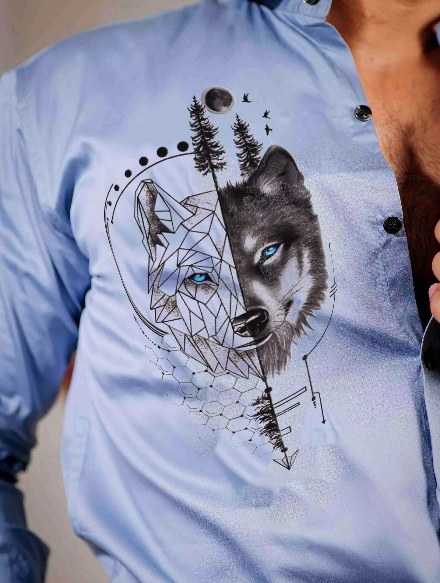 Sky Blue Wolf Printed Satin Cotton Full Sleeves Mens Shirt