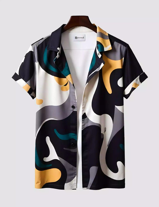 Black Waves Printed Designer Men's Half Sleeves Printed Shirt Exclusive Super Sale