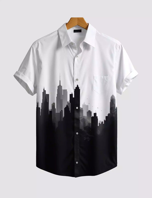 White Black Building Printed Designer Men's Half Sleeves Printed Shirt Exclusive Super Sale