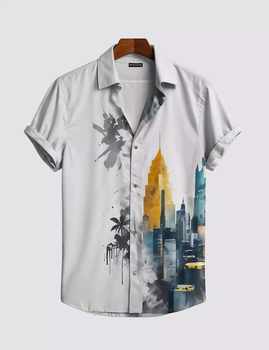 White Multi Building Printed Designer Men's Half Sleeves Printed Shirt Exclusive Super Sale