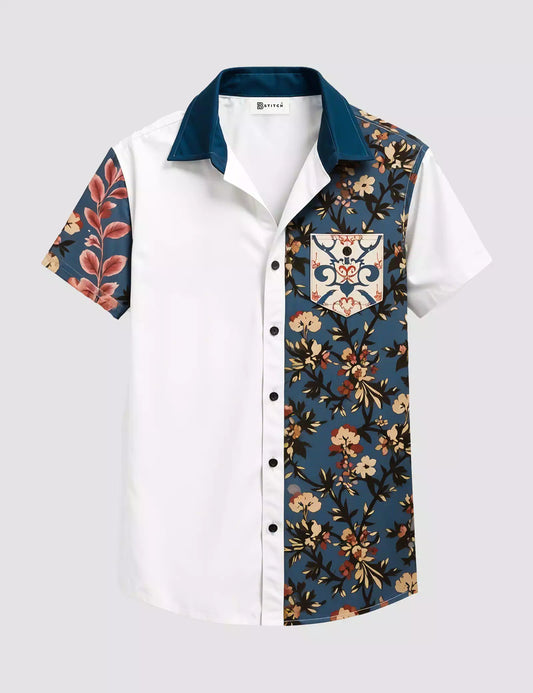 White Flower Printed Designer Men's Half Sleeves Printed Shirt Exclusive Super Sale