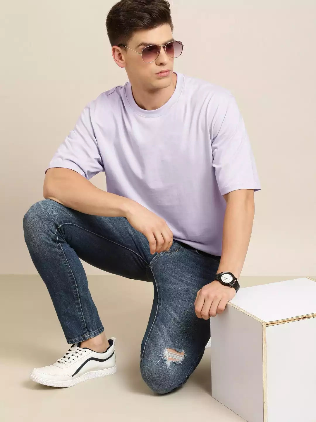Lavender Color Men's Cotton T-Shirt Plain Half Sleeve Round Neck