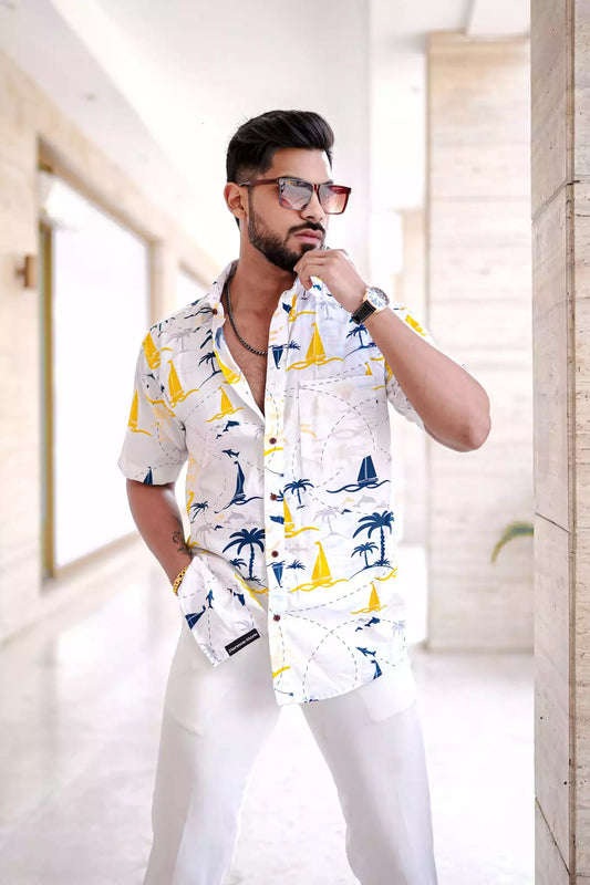 White Beach Printed Mens Premium Cotton Shirt