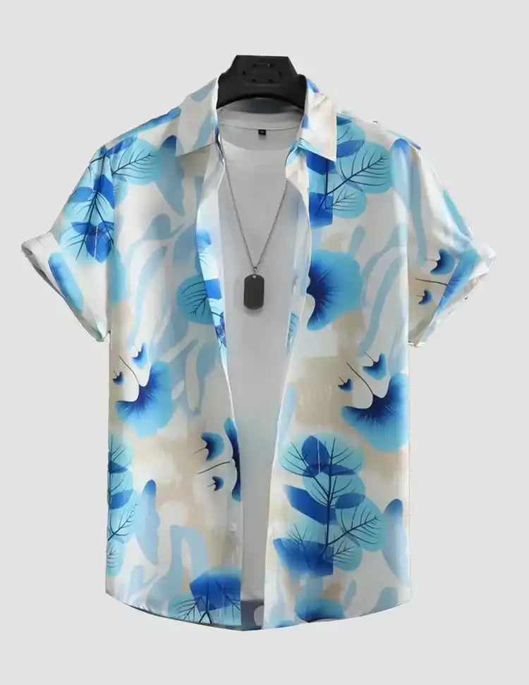 White and Blue Rose Pattern Printed Cotton Shirt Half Sleeves for Men ...