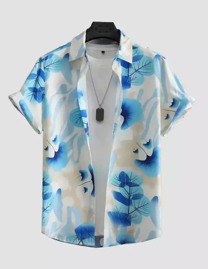 White and Blue Rose Pattern Printed Cotton Shirt Half Sleeves for Men