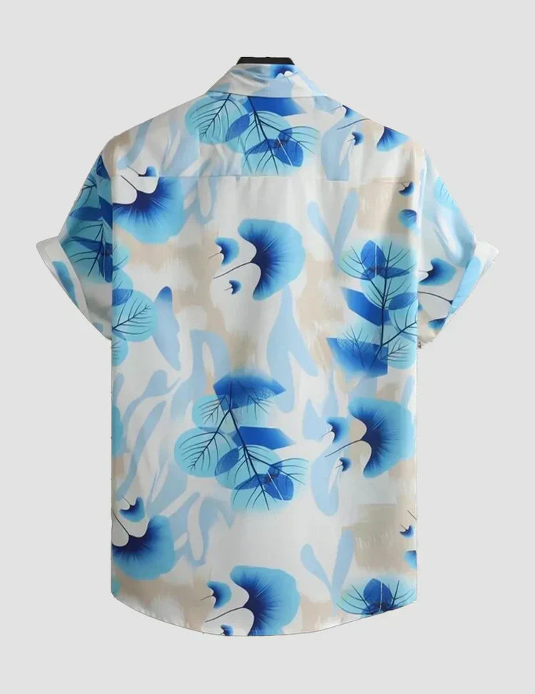 White and Blue Rose Pattern Printed Cotton Shirt Half Sleeves for Men