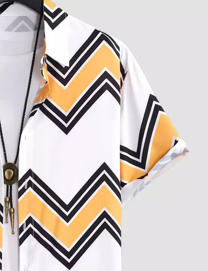 Yellow and White Zigzag Line Printed Half Sleeves Cotton Material Mens Shirt