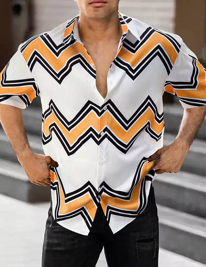 Yellow and White Zigzag Line Printed Half Sleeves Cotton Material Mens Shirt