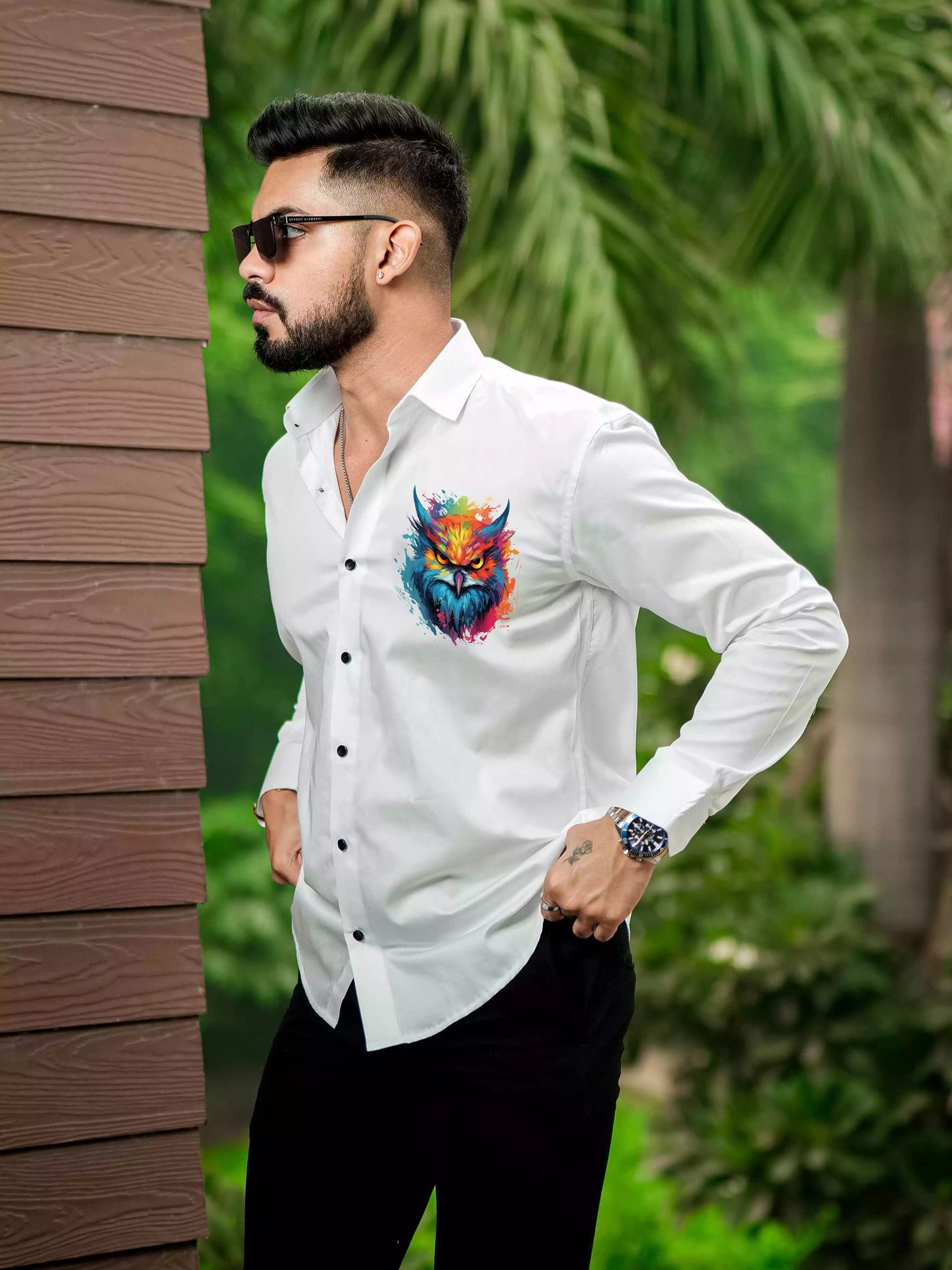 WHITE CLUB WEAR PRINTED SATIN COTTON SHIRT