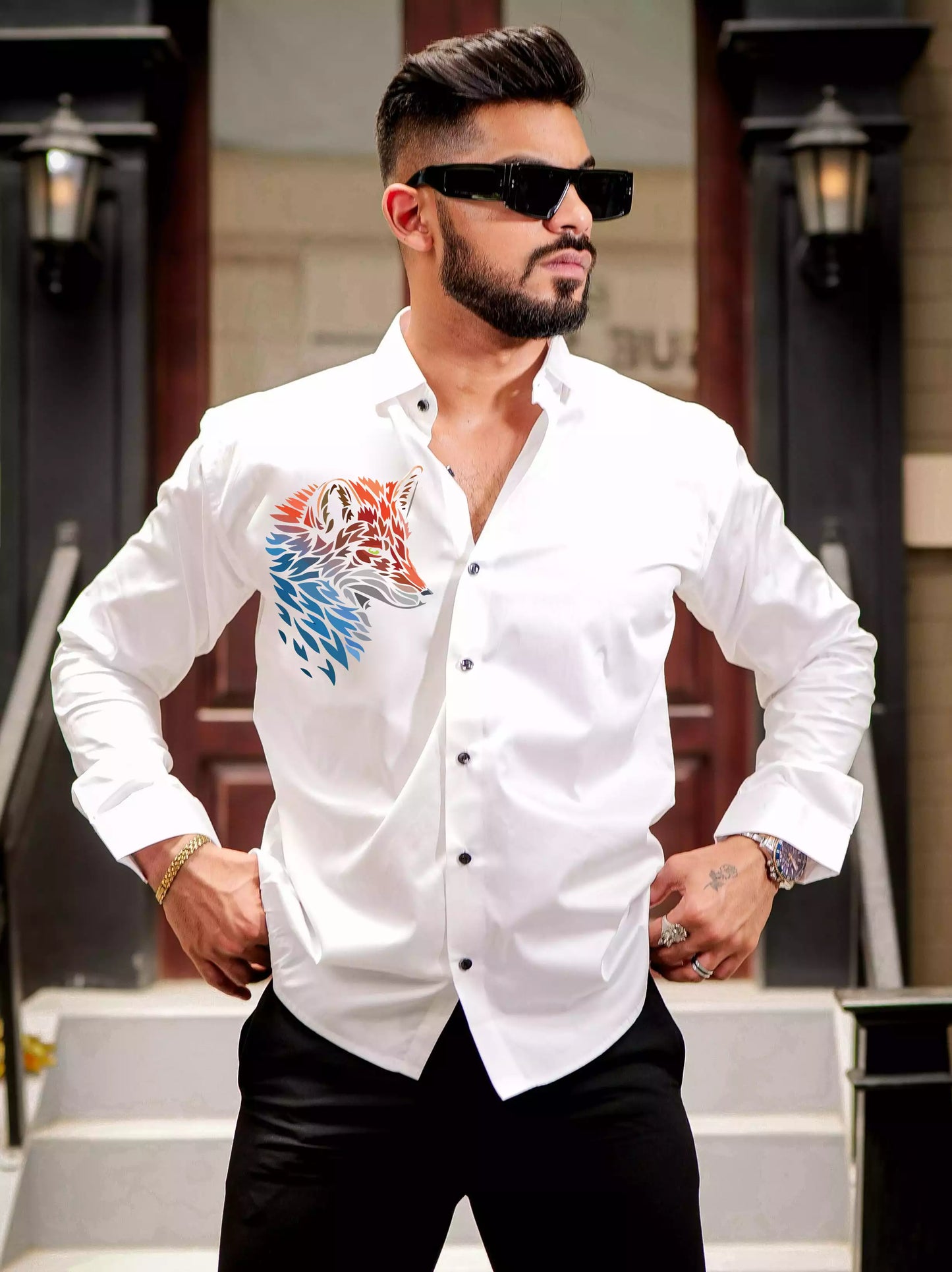 WHITE CLUB WEAR PRINTED SATIN COTTON SHIRT